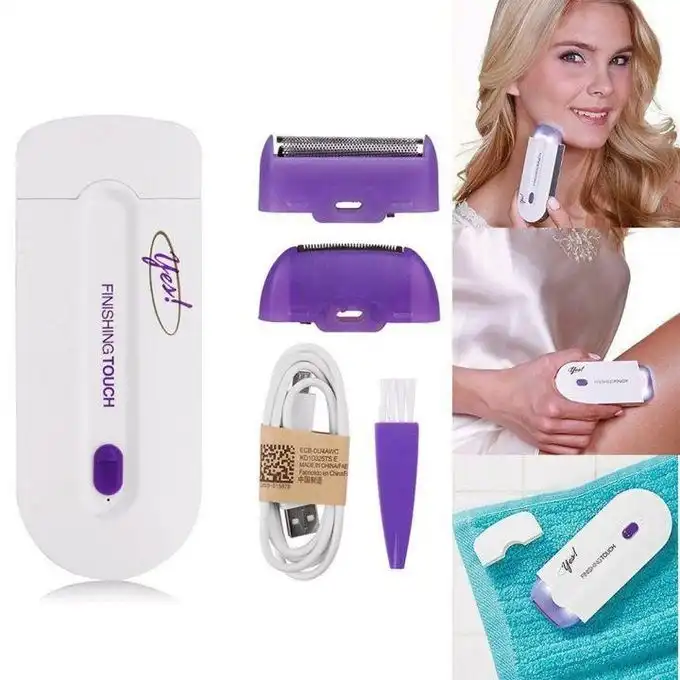 White-and-purple Finishing Touch device and accessories